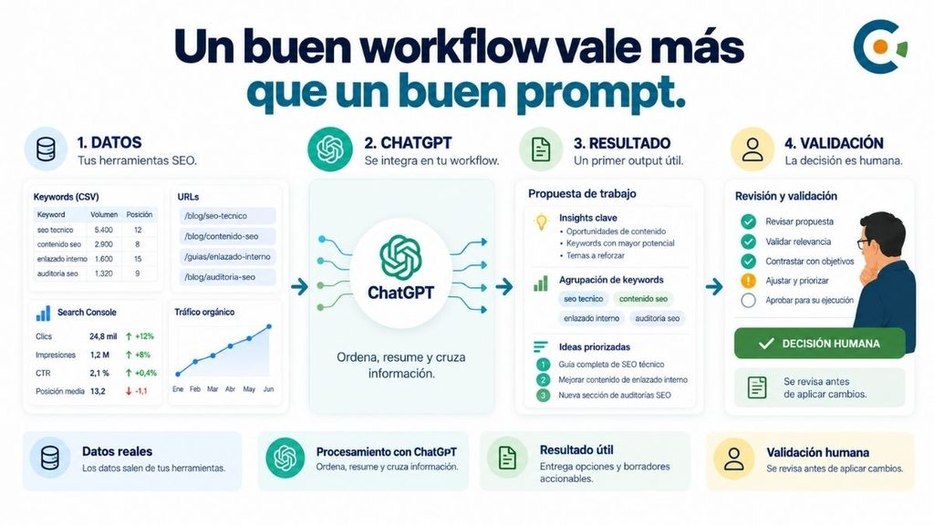 Flujo de trabajo SEO con datos, ChatGPT, resultado y validación humana