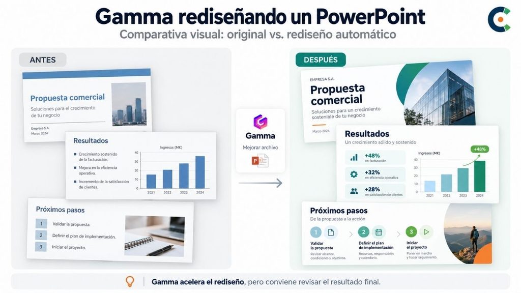 Comparación de una presentación original y su rediseño automático con Gamma IA