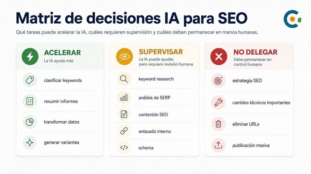 Tareas SEO clasificadas entre acelerar con IA, supervisar y no delegar